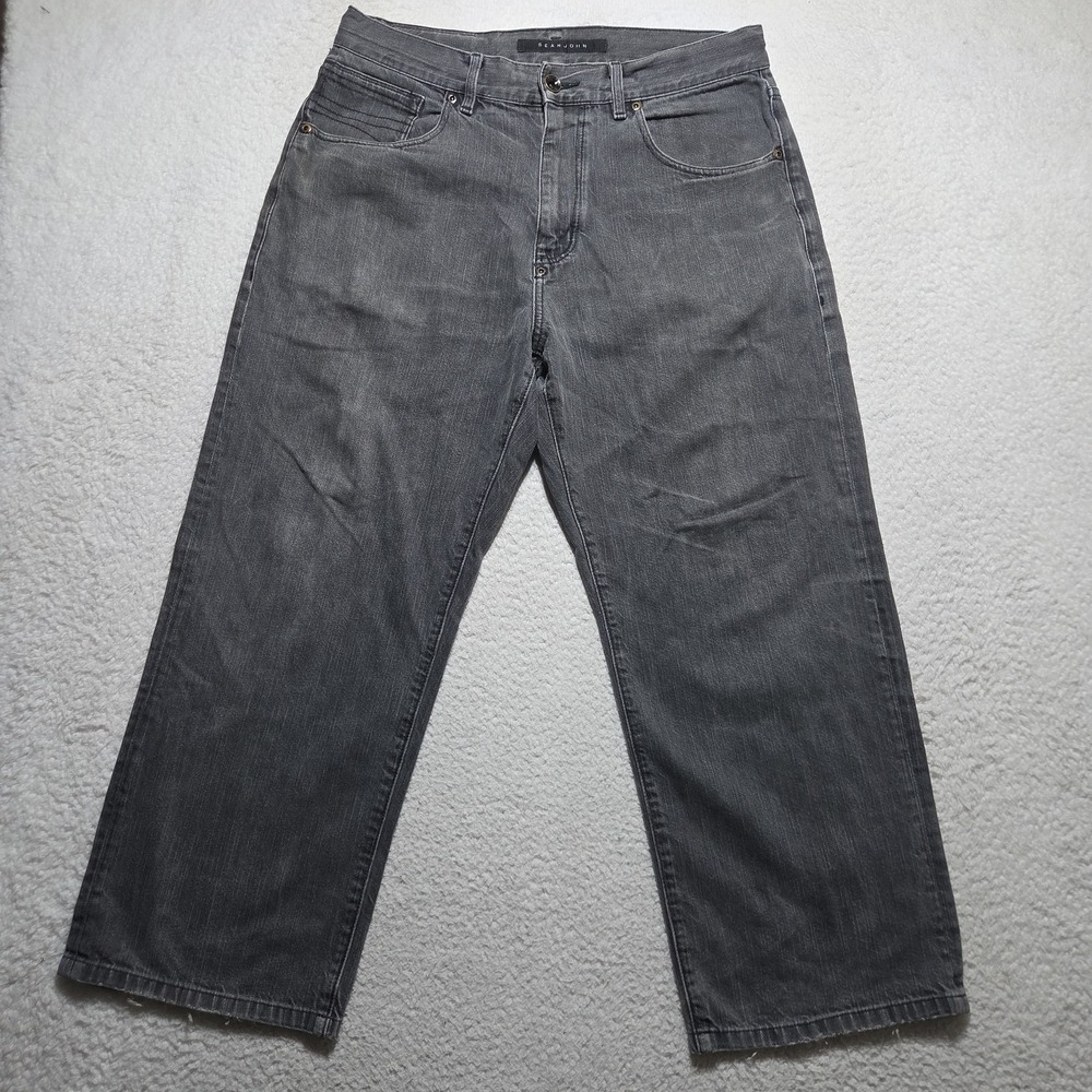 Vintage Y2K Sean John Baggy Jeans Men 34 Black Wide Leg Hip Hop Distressed